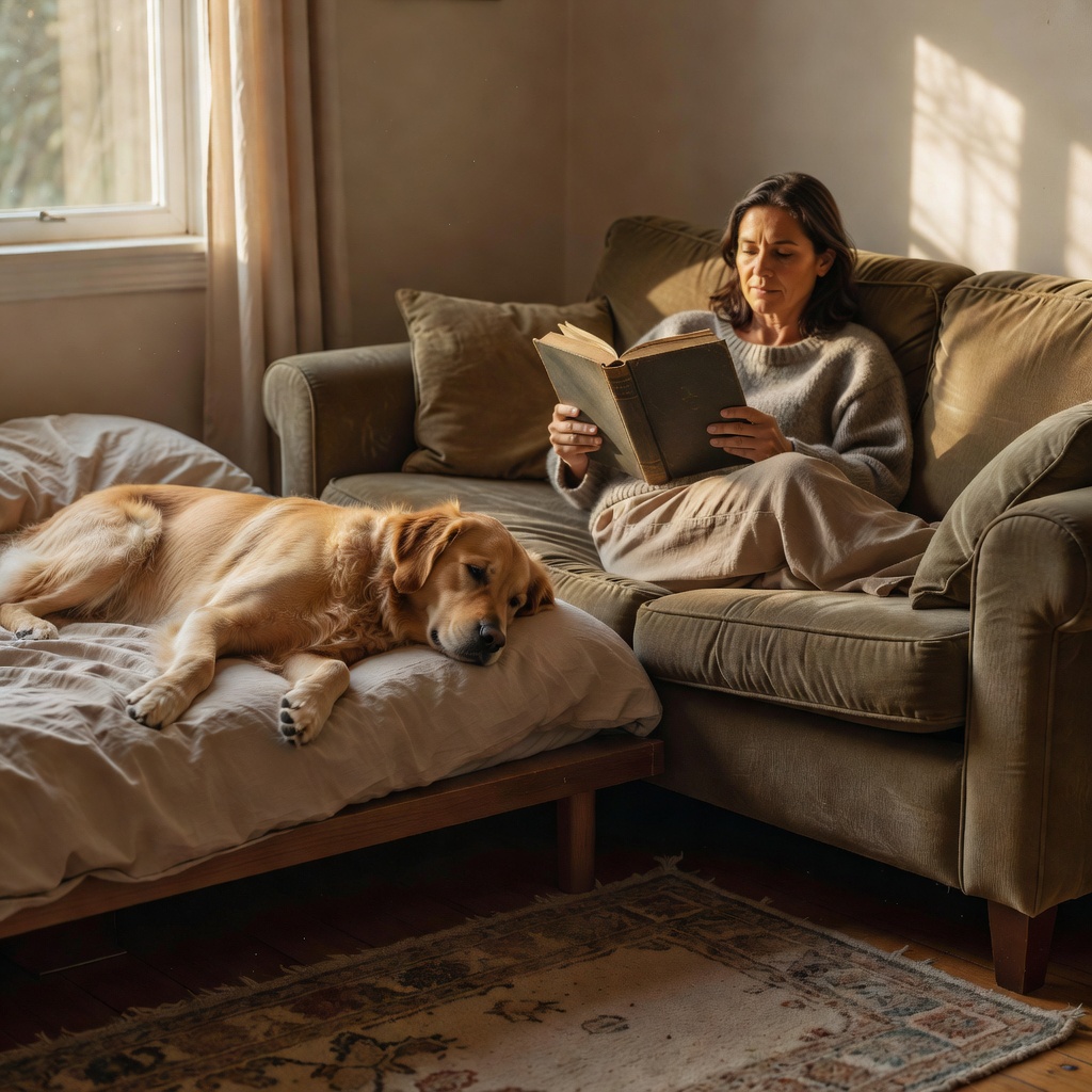 An adult reading on a sofa while a relaxed dog rests on a nearby bed in natural light