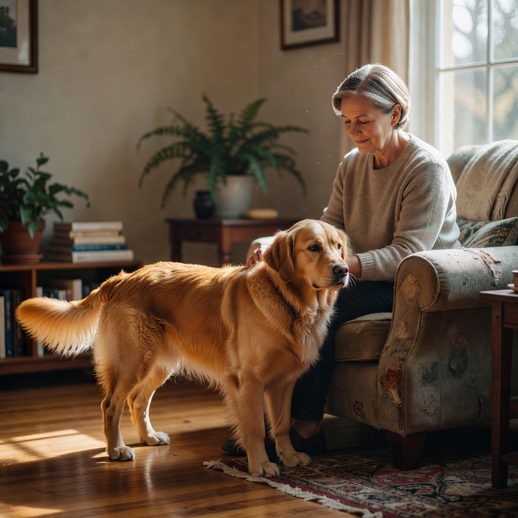 A seated person offering gentle contact while a relaxed dog stands freely beside them at home