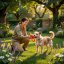 A person offering a toy to an interested dog in a sunny garden