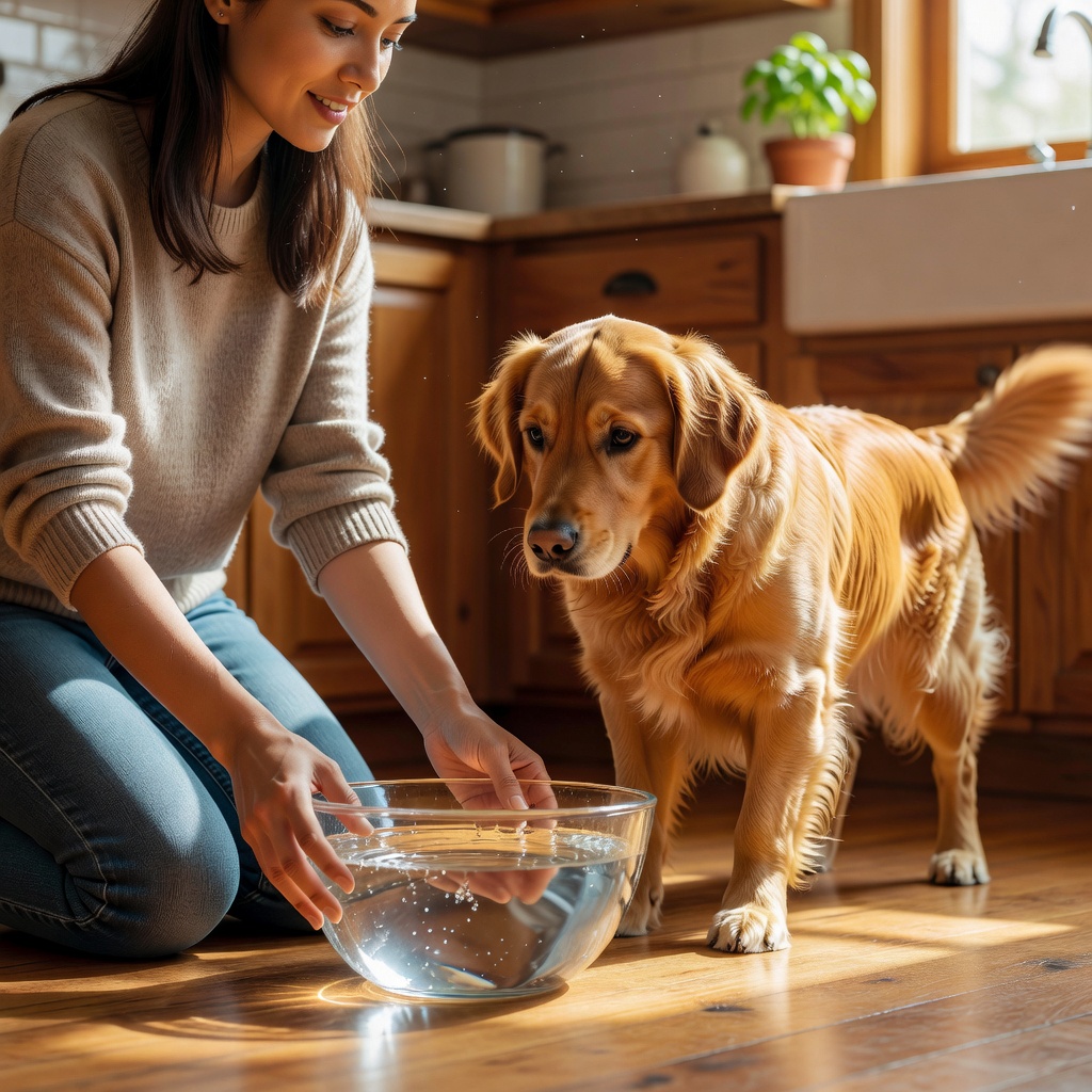 A person setting down a fresh water bowl for a dog in a sunlit kitchen